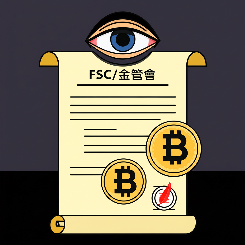 法律文件或捲軸上浮現比特幣符號，由代表金管會的監管之眼守護，強調台灣對加密貨幣的合規與合法性