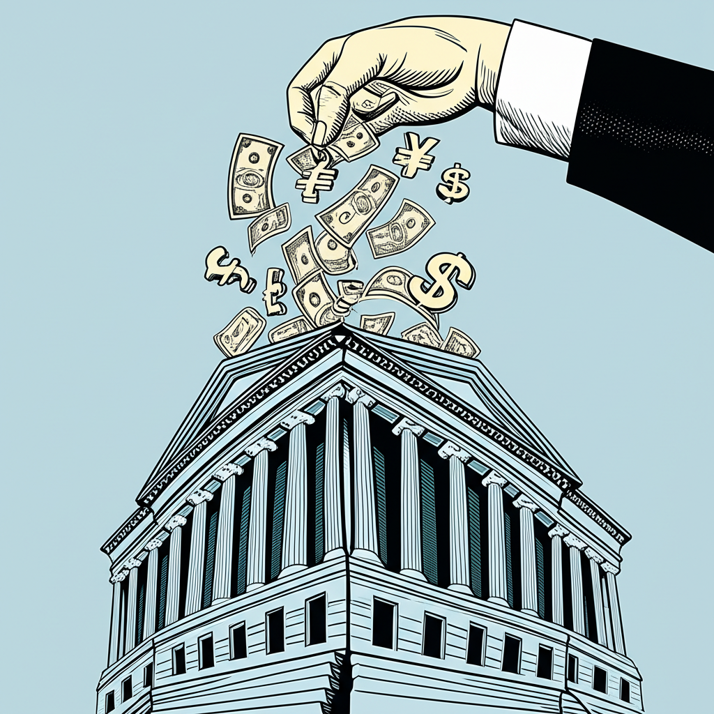 中央銀行大樓旁一隻巨手正從全球市場抽走資金，象徵量化緊縮的插畫