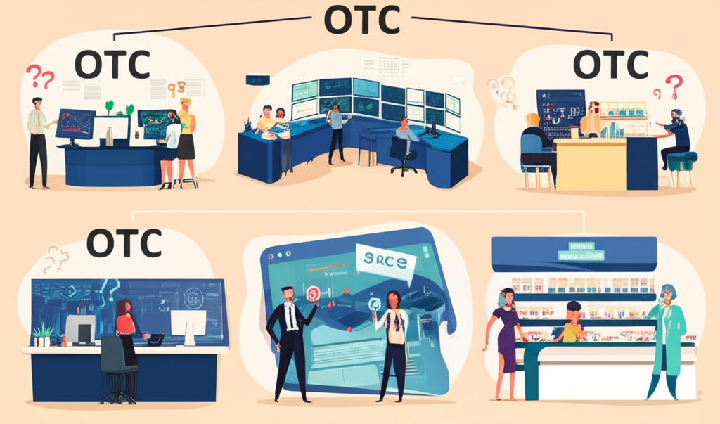 插圖展示三個場景：金融交易台、藥局櫃檯和數位加密介面，由‘OTC’文字串聯，人們露出困惑表情，呈現OTC多重定義的意象