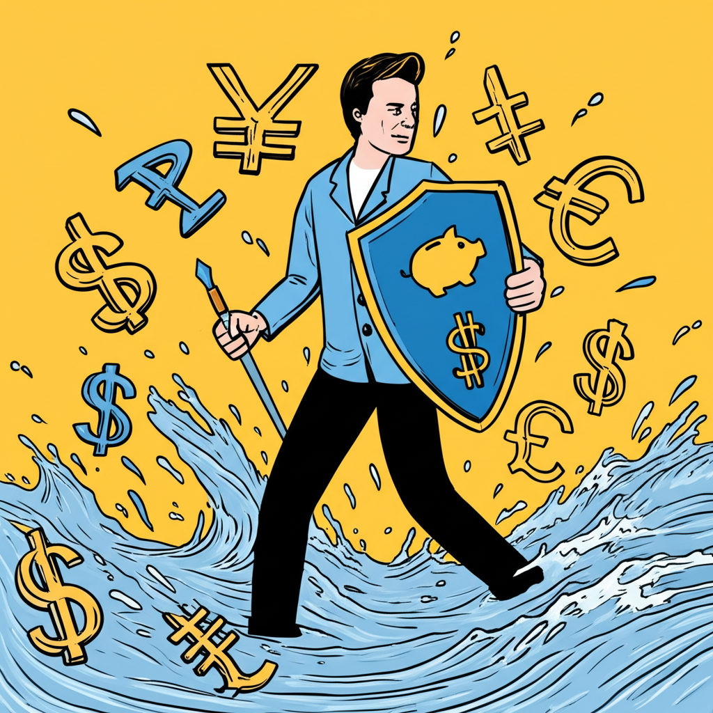 插圖描繪一人手持盾牌，在充滿貨幣符號的湍急河流中穩步前行，象徵透過理解與策略保護自身財務，展現金融韌性