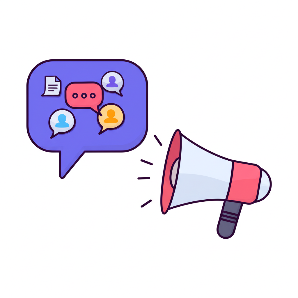 圖示比較 Telegram 群組與頻道：動態多人群聊氣泡代表雙向互動，擴音器廣播給被動觀眾代表單向訊息