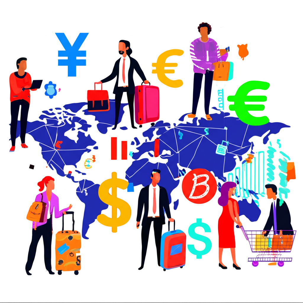 不同國家的人們旅行、線上購物與企業人士觀察匯率圖表，背景為全球地圖與波動的貨幣符號