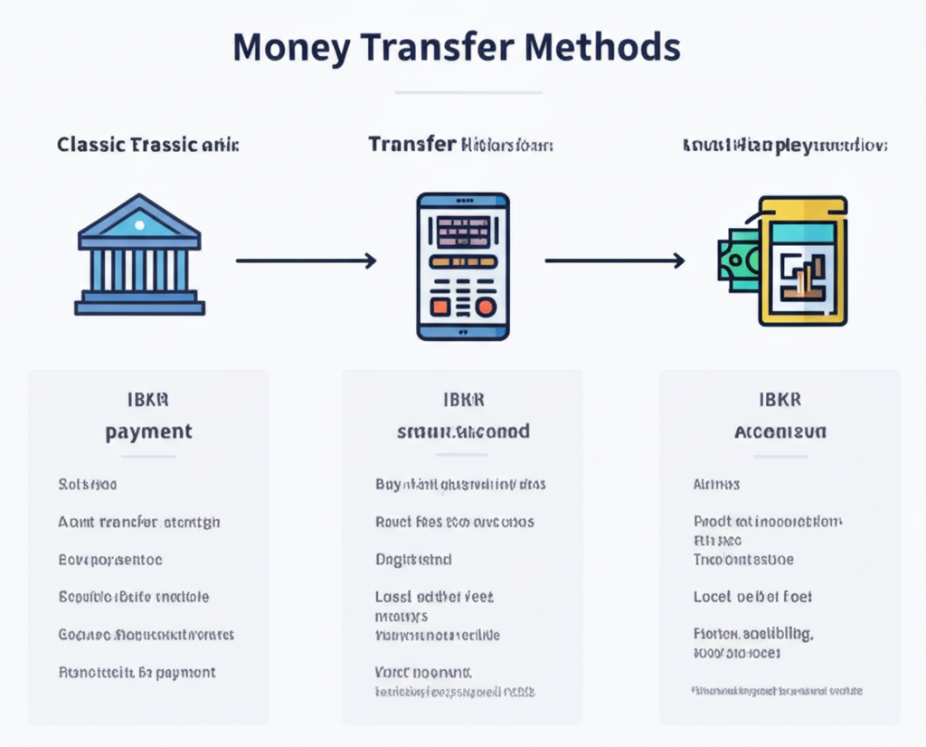 多種資金轉移方式圖示：傳統銀行、數位支付App與本地快速支付系統，資金匯聚至IBKR帳戶並附比較表