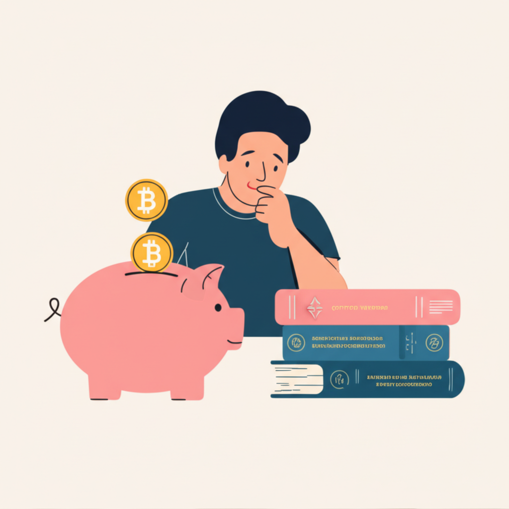 投資者準備投入加密貨幣：存錢筒、平靜的心態與學習書籍，象徵財務與心理的雙重準備