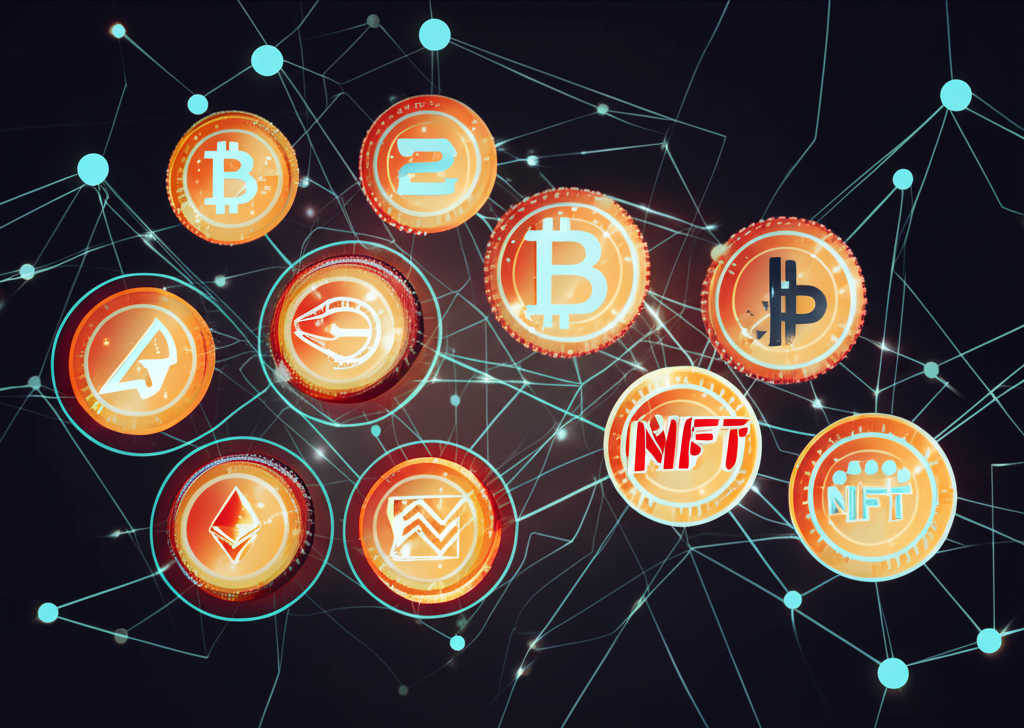 展示虛擬貨幣核心概念的插畫：加密鎖保護數位幣、去中心化節點網絡、比特幣、以太坊、DeFi與NFT符號，風格抽象且強調安全性。