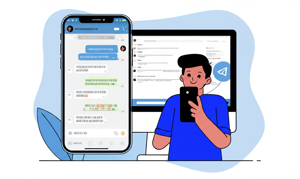 用戶愉快地使用繁體中文介面的 Telegram，手機與電腦畫面顯示流暢溝通與功能探索