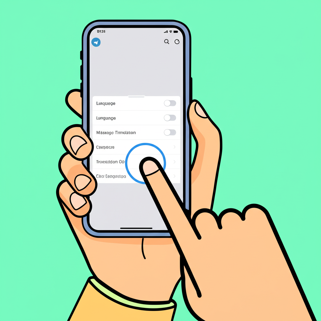 手持智慧型手機顯示 Telegram 設定畫面，手指正點擊語言選項與翻譯功能開關的插畫