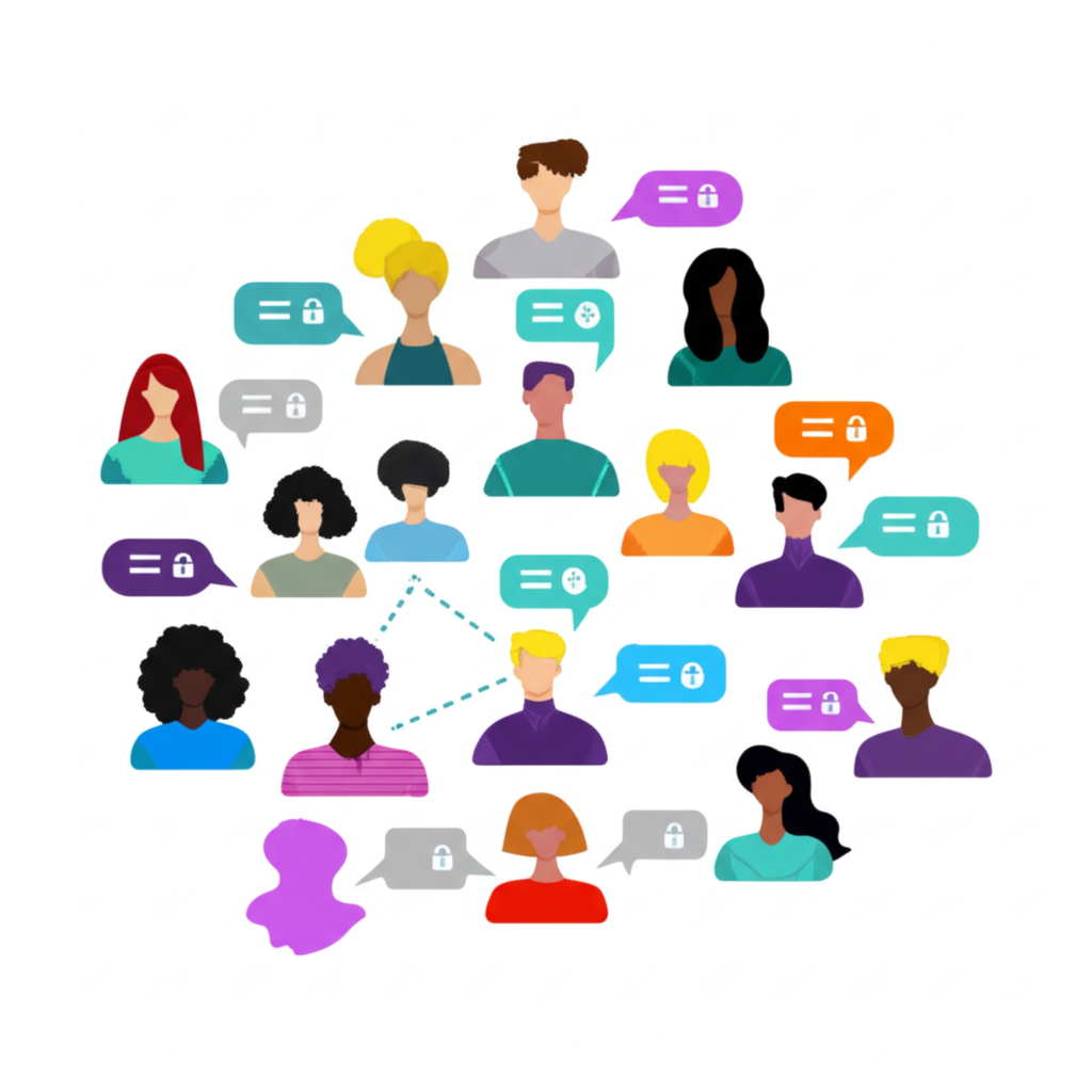 多人在數位空間互動的 Telegram 群組示意圖，象徵社群交流與資訊分享，並包含安全通訊符號