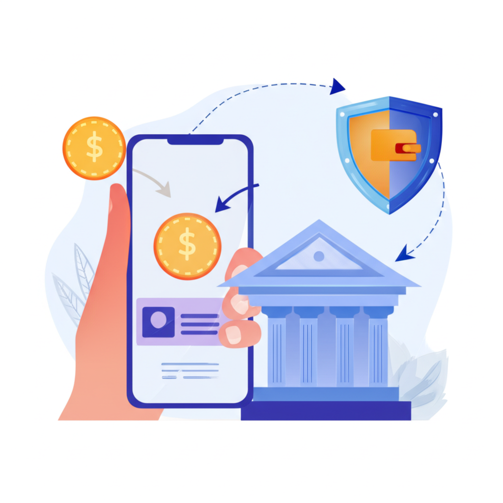 用戶從 Trust Wallet 安全轉移資產至銀行帳戶示意圖，畫面中顯示資金流動與安全防護機制