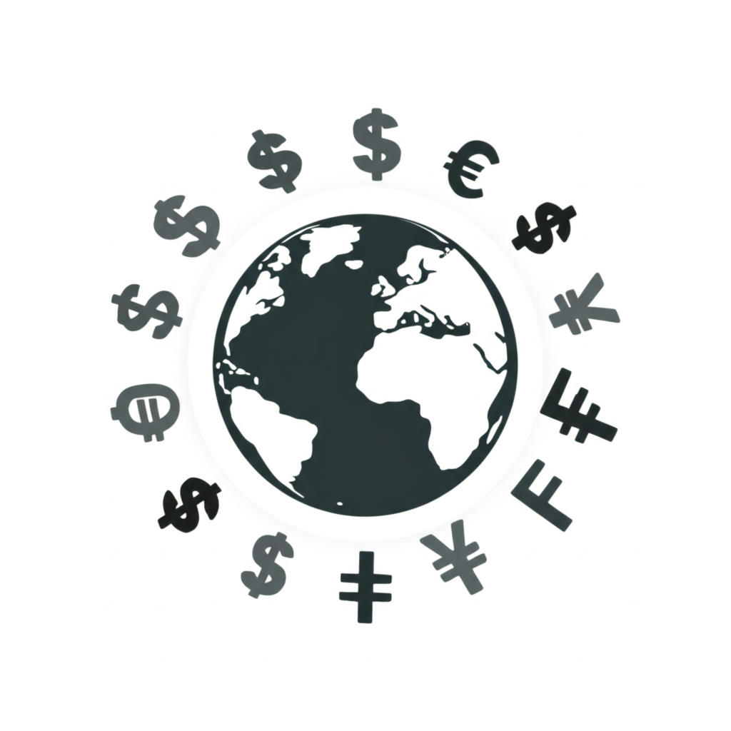 全球主要貨幣環繞地球象徵經濟連結、貿易與個人財務影響的插圖