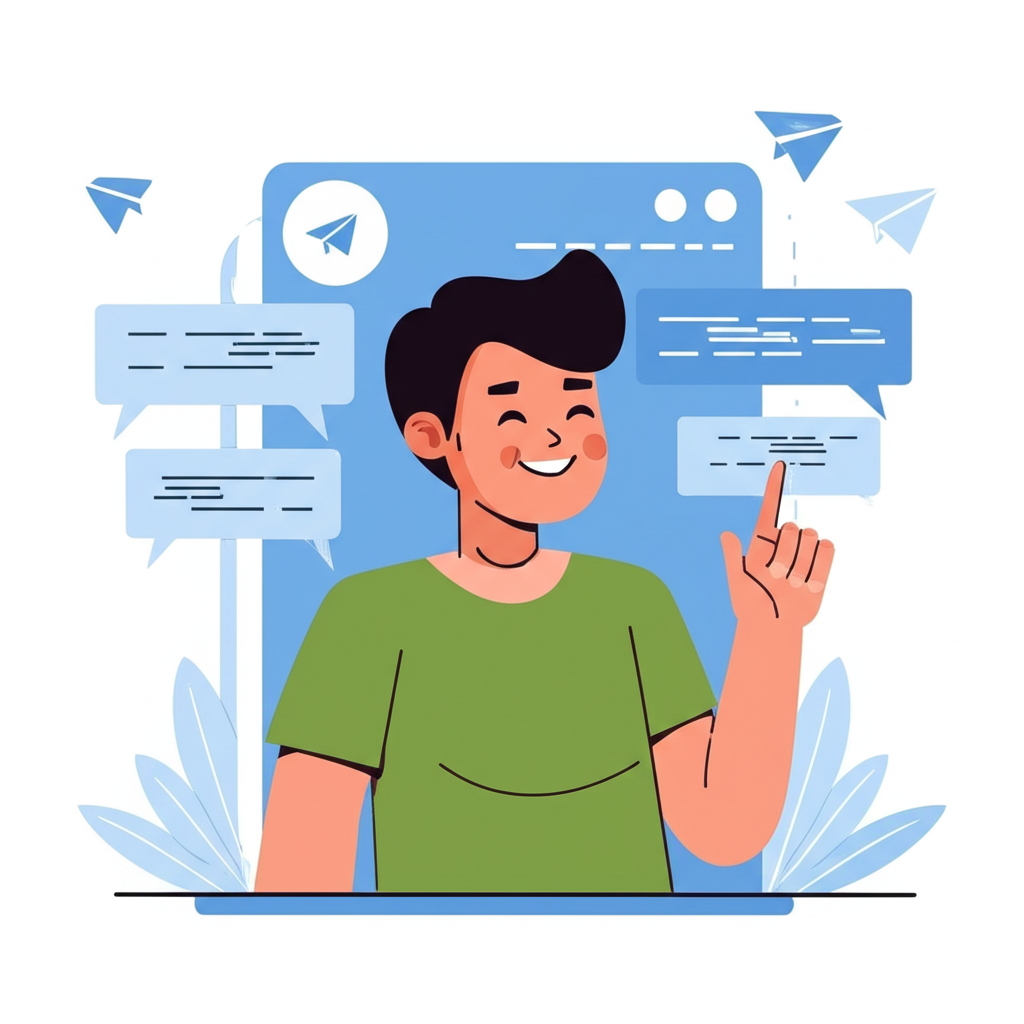 使用者快樂地使用繁體中文介面的 Telegram，周圍環繞對話氣泡與紙飛機圖示，象徵流暢溝通體驗