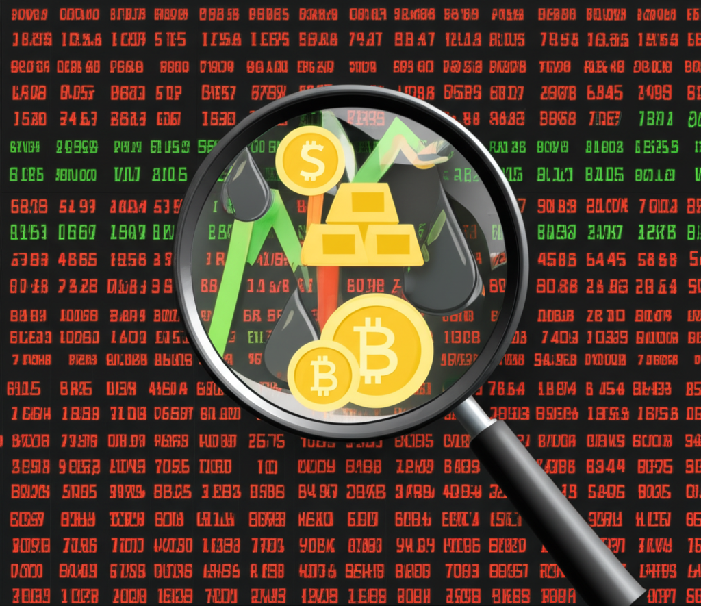 放大鏡聚焦於螢幕上的各類金融資產圖示，包括股票、黃金、原油與比特幣，背景顯示價格波動曲線，象徵CFD交易不需實體持有資產