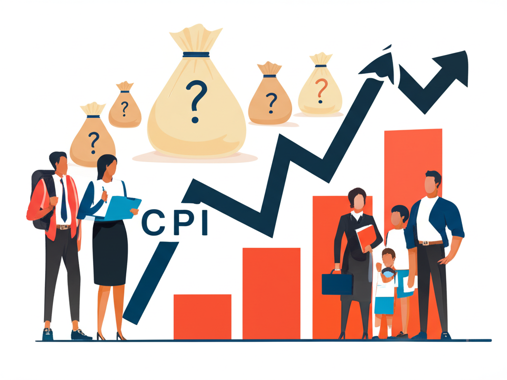 一群學生、上班族、投資人與家庭看著波動的CPI長條圖與錢袋，象徵財務規劃與投資策略