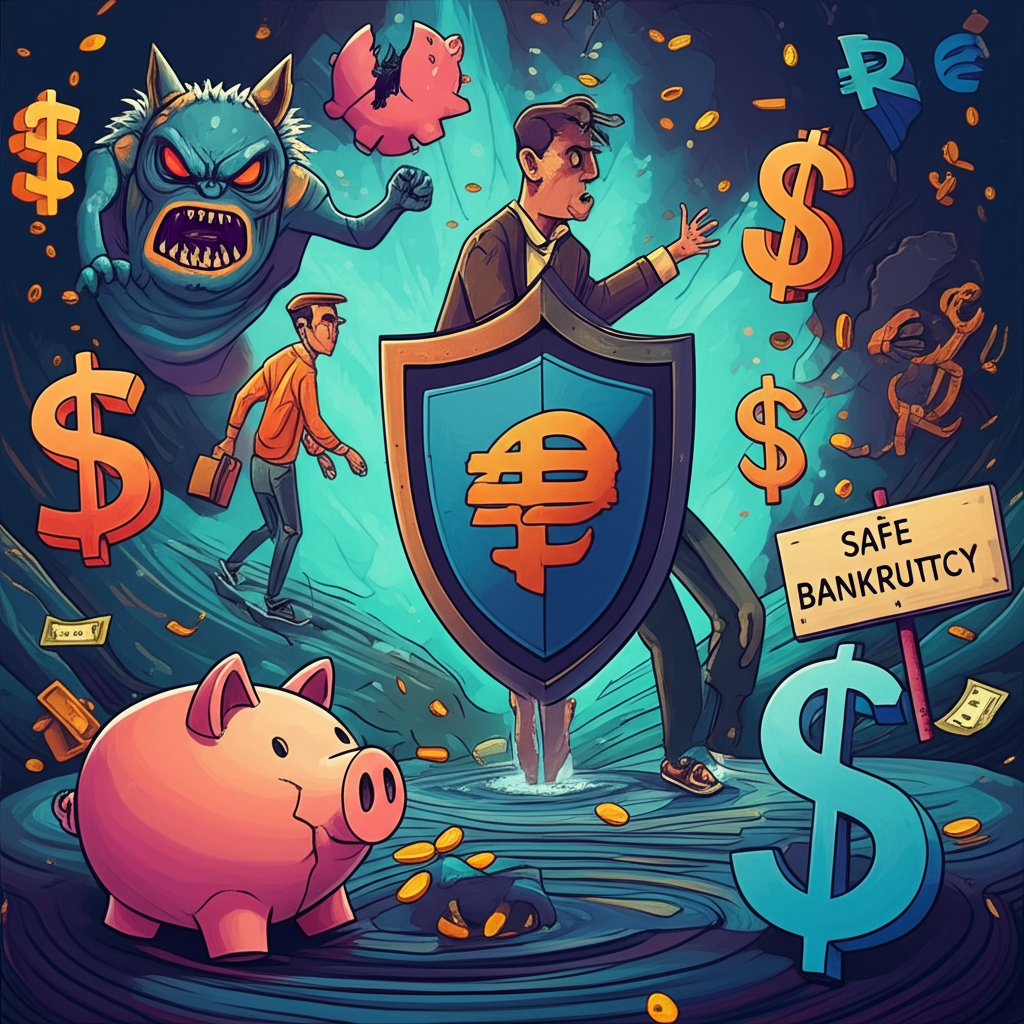 插畫描繪一名投資者在複雜的金融市場中謹慎前行，周圍環繞貨幣符號，前方有盾牌抵禦標示詐騙的怪物與破產的撲滿，路標寫著「安全入場是關鍵」