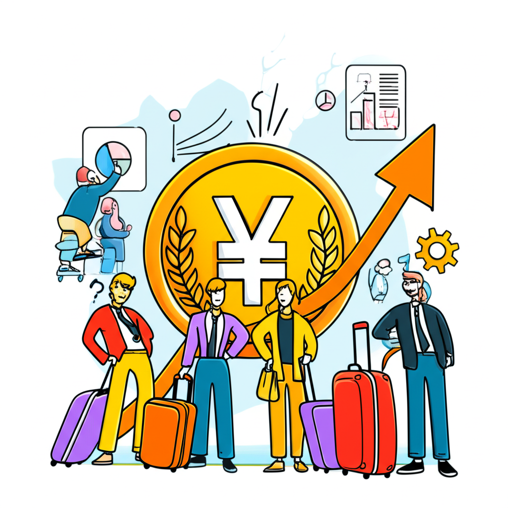 日圓升值圖示：日圓硬幣在圖表上攀升，周圍是提著行李箱的旅客與看著數據的商務人士，象徵全球市場影響與價值重估