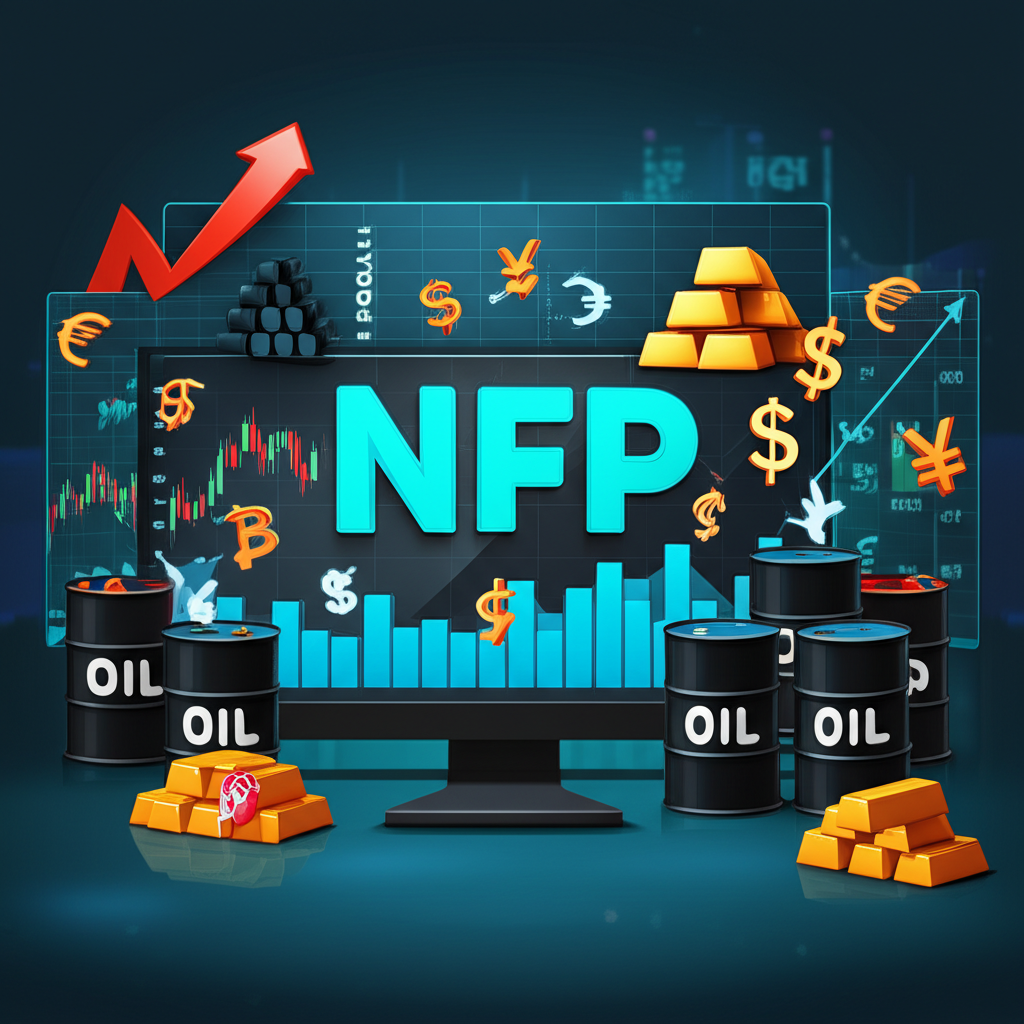 NFP數據發布對全球金融市場影響示意圖，包含股市、匯市與商品價格波動