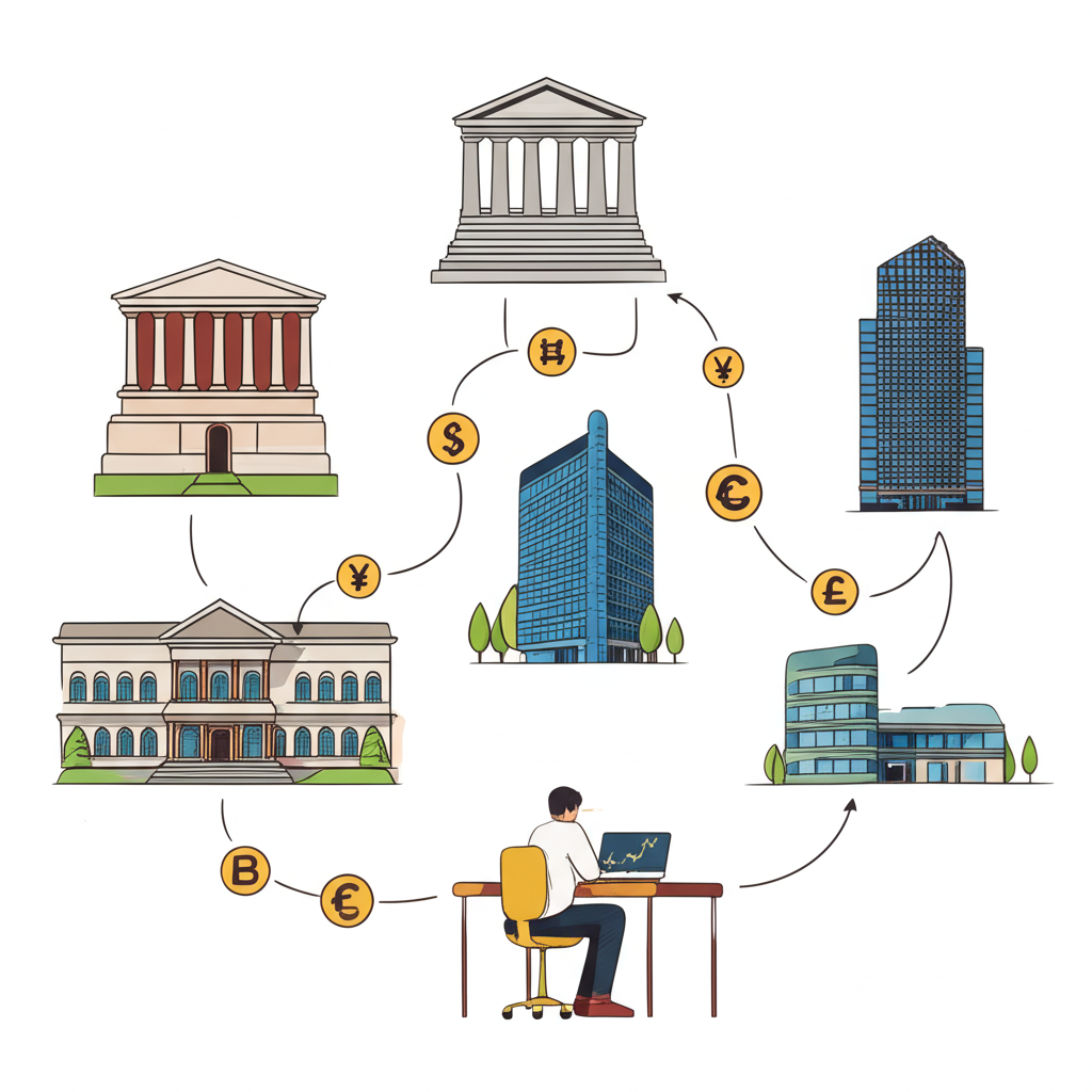 外匯市場參與者圖解：中央銀行、企業辦公室、金融機構與個人投資者透過資金流相互連結