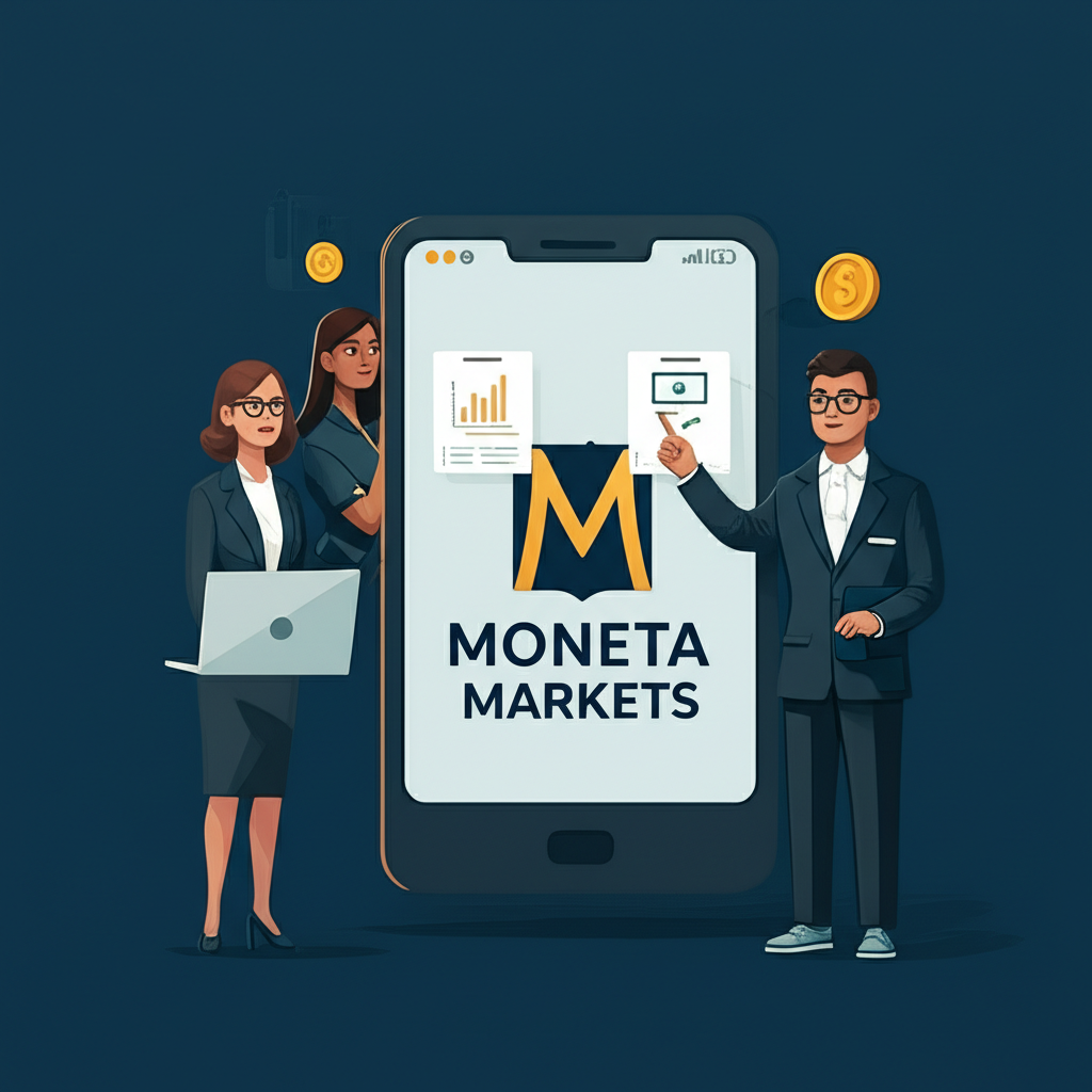 插畫：Moneta Markets商標與多元背景的交易者，象徵平台的全球性與安全性