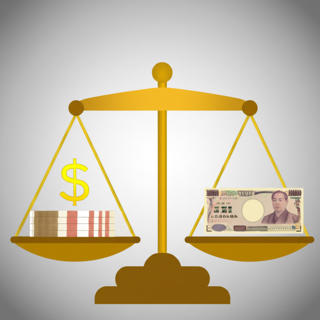 美元與日圓等貨幣在天平上比較相對價值與購買力示意圖