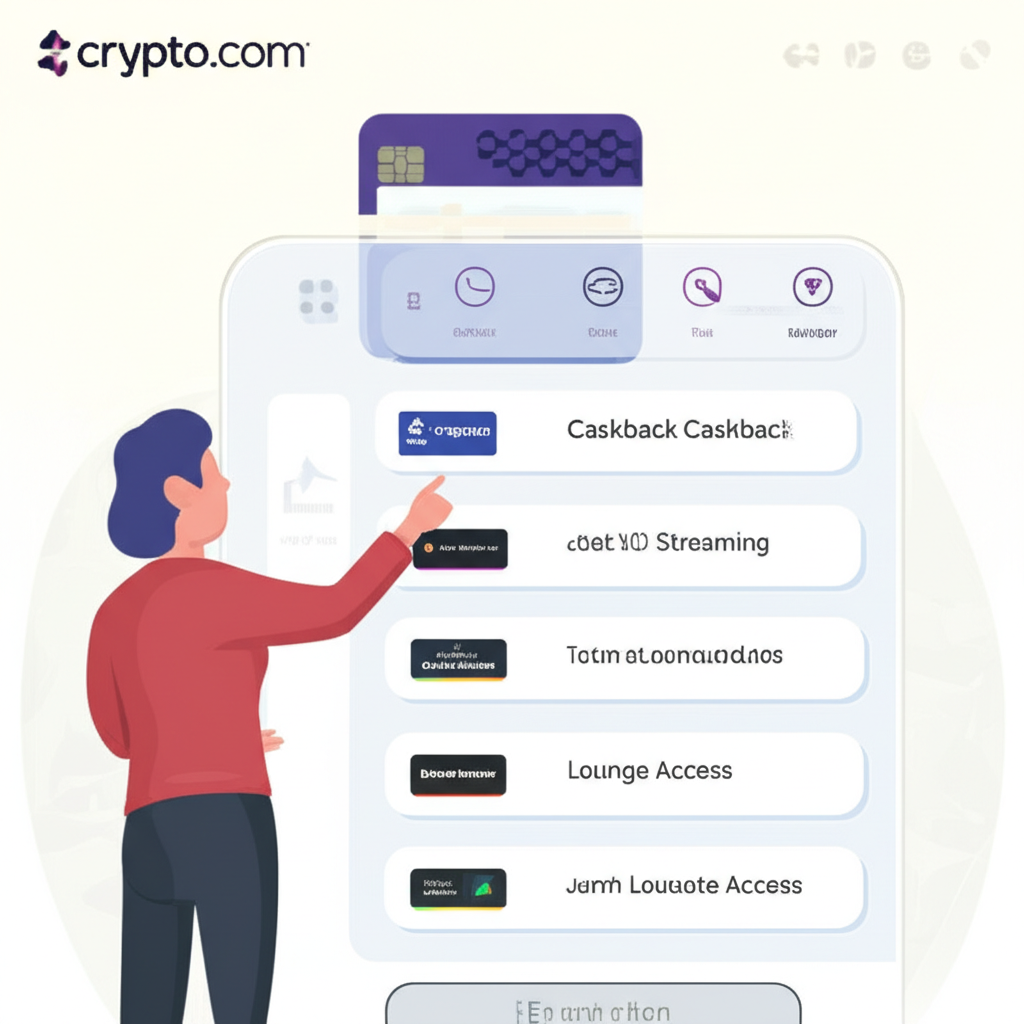 插圖展示用戶質押 CRO 幣以解鎖不同等級的 Crypto.com Visa 卡，涵蓋現金回饋、串流優惠與貴賓室等權益