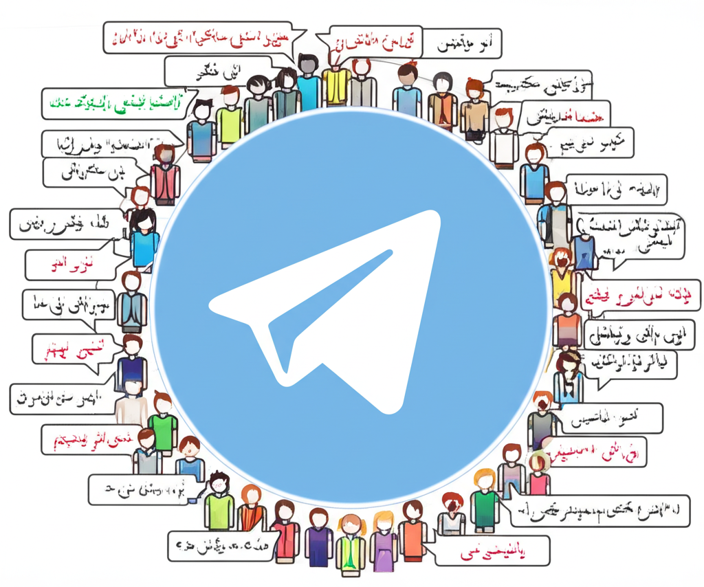 全球翻譯者社群共同貢獻 Telegram 語言包，不同語言的對話框朝向中央的 Telegram 標誌匯聚