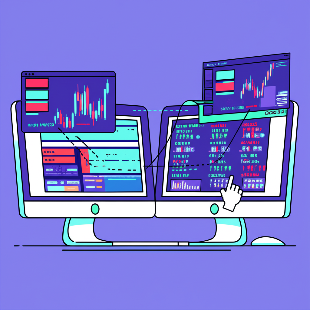 插圖顯示新手投資者的電腦螢幕自動同步專業交易員的複雜操作，象徵自動化跟單交易策略