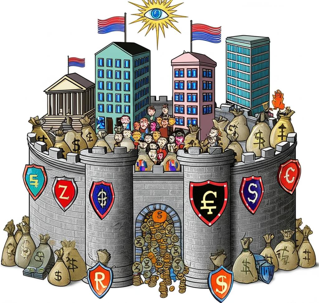 一座堅固的金融堡壘，牆壁與盾牌保護著錢袋與投資者，各機構以不同建築形式協同運作，上方有監督之眼的插畫