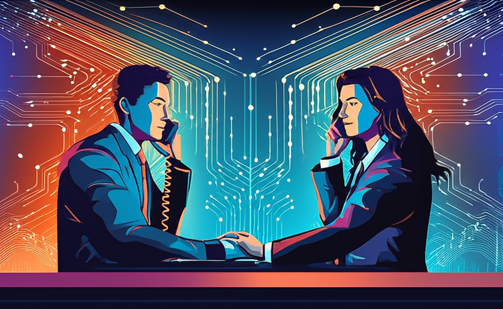 兩位商人在電話中談判金融交易，周圍環繞抽象電子通訊線路，象徵非集中式的場外交易市場