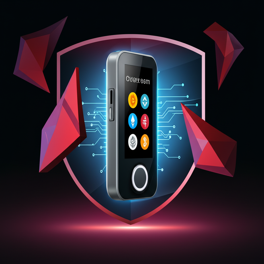 Ledger 硬體錢包安全機制插圖：安全晶片、私鑰離線儲存、助記詞與 PIN 碼保護