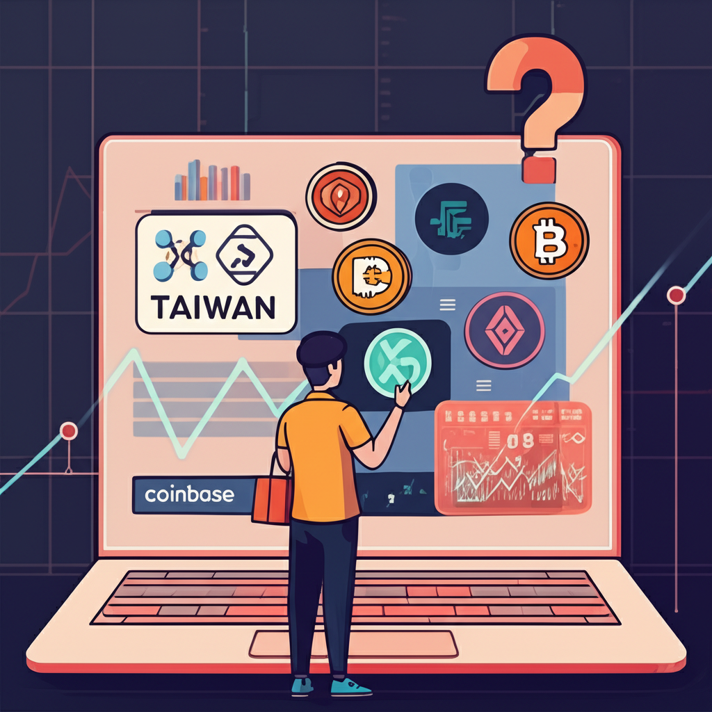台灣用戶面對Coinbase使用問題的示意圖，背景顯示全球加密貨幣趨勢與疑問標記