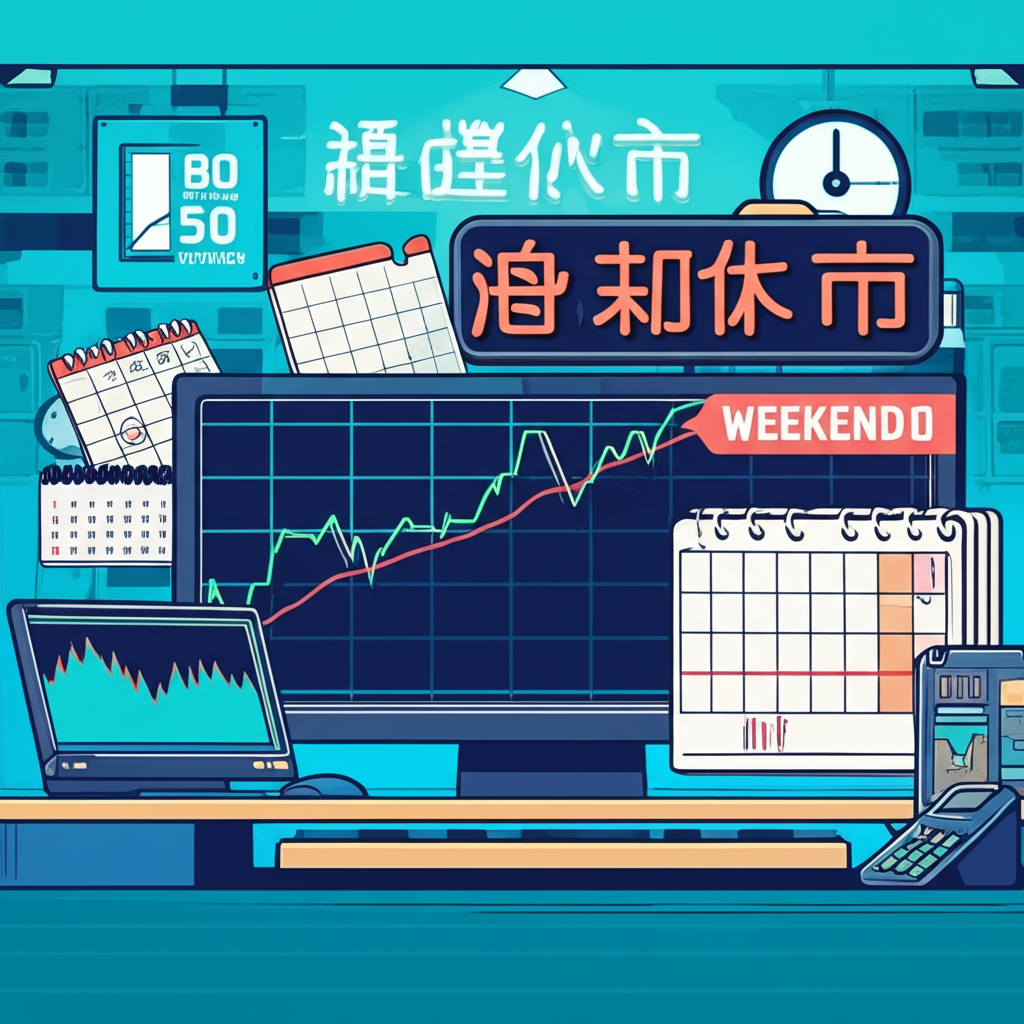 交易員桌面顯示HS50期貨走勢圖，時鐘顯示週末時間，日曆標示休市日，呈現HS50期貨交易規則與週末休市情境