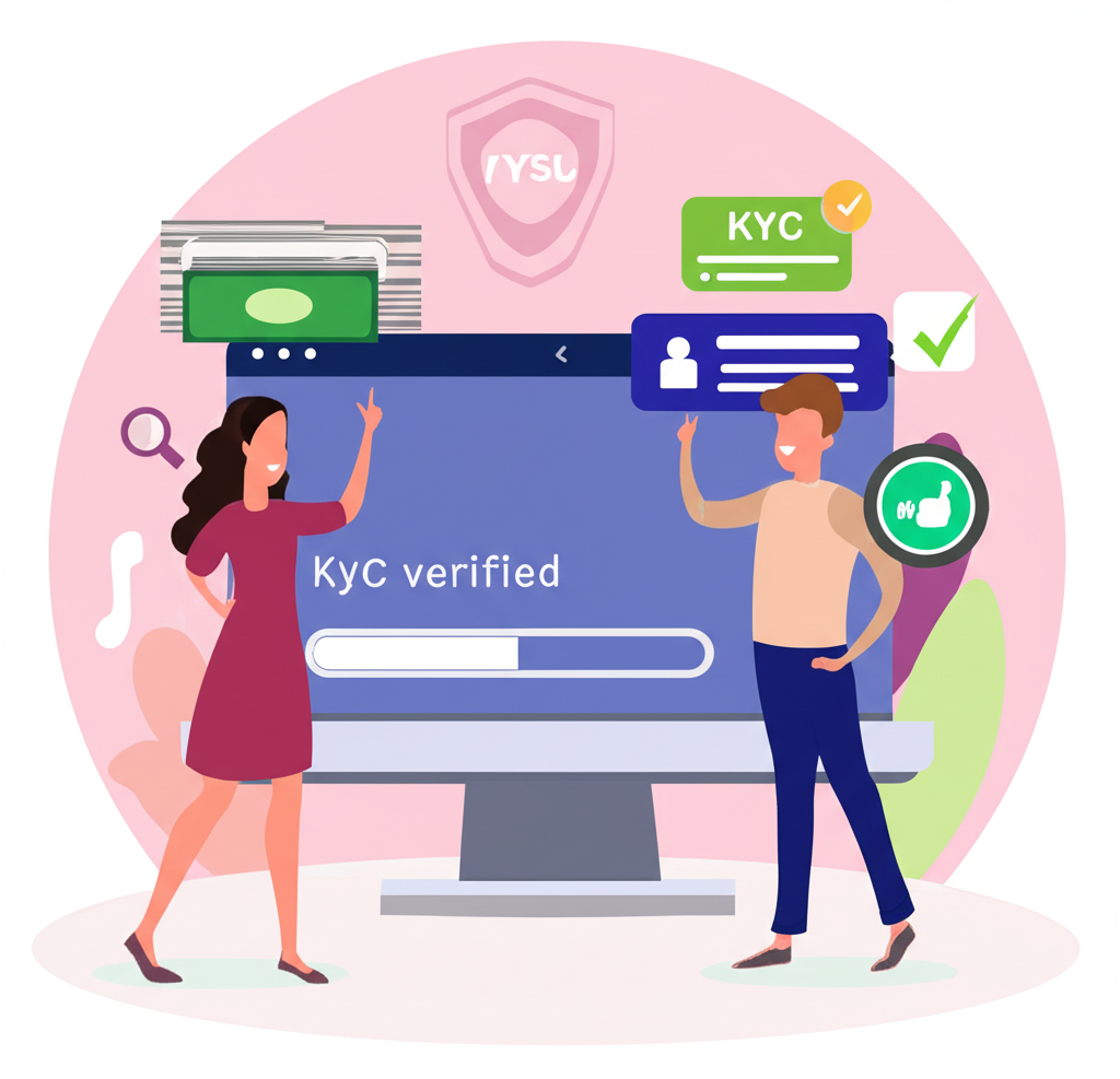插圖：一名用戶正在進行平台出金，畫面中顯示KYC驗證與銀行帳戶綁定的安全機制，確保資金提領順利且安全