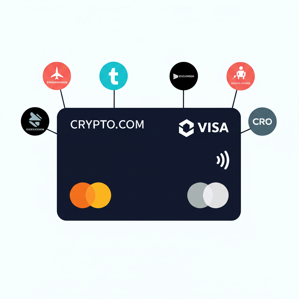 Crypto.com Visa簽帳卡示意圖，展示CRO質押、現金回饋、串流補貼與機場貴賓室等核心功能
