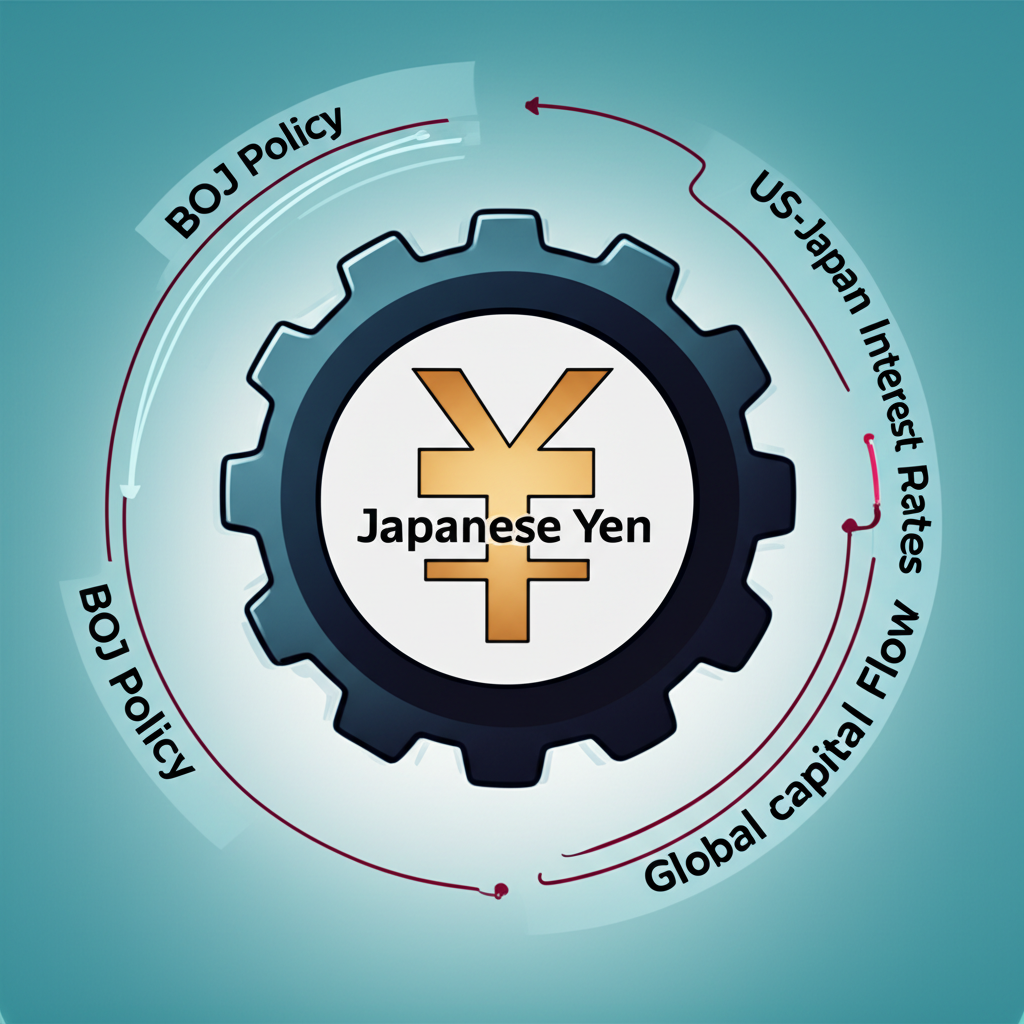 經濟動力圖解：標註「日本央行政策」、「美日利差」、「全球資金流」的齒輪相互咬合，中心為日圓，展現多重因素推動升值