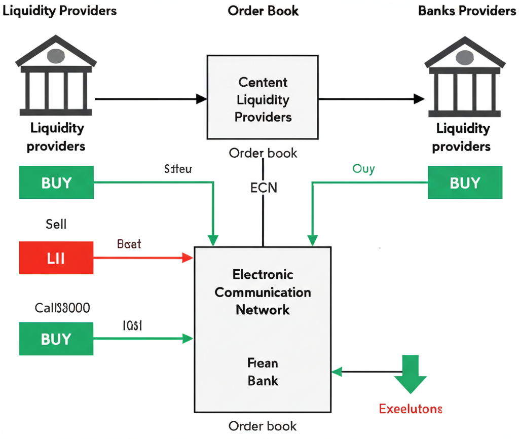 ECN系統運作示意圖，顯示多家銀行與機構將報價送入中央訂單簿，系統自動匹配買賣單並即時執行