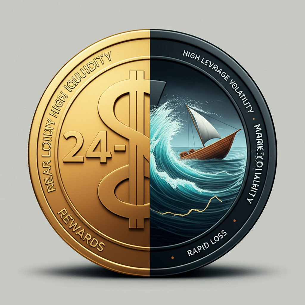 插畫以兩面硬幣呈現外匯交易的雙面性，一面明亮標示高流動性與24小時交易，另一面風暴湧現，小船寫著高槓桿與市場波動，象徵風險與機會並存