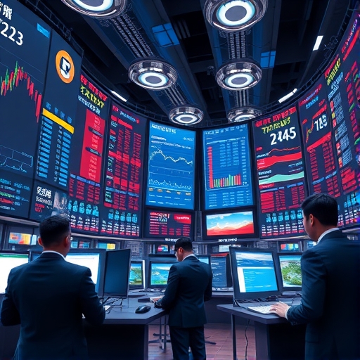 未來感金融交易室場景，螢幕閃爍即時市場資訊，象徵科技與金融的融合