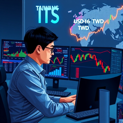 台灣交易者專注於筆電螢幕進行外匯交易的數位插畫