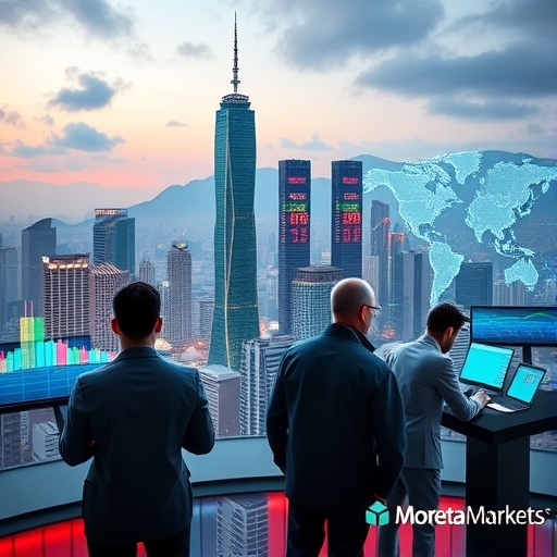 2025年未來風格的香港外匯交易場景，展現科技與金融融合的視覺意象