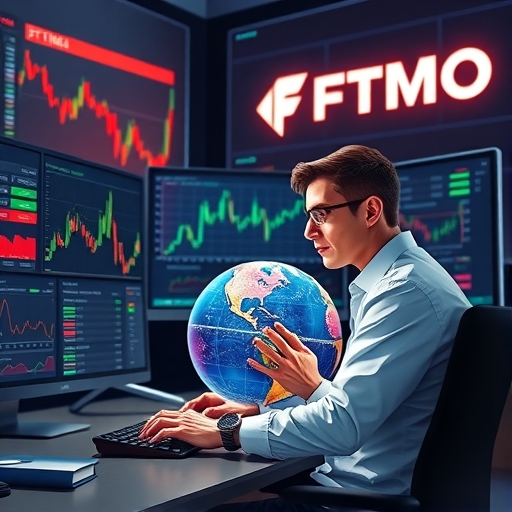 ภาพประกอบแนวศิลปะดิจิทัลเกี่ยวกับการเทรดฟอเรกซ์และบัญชี FTMO