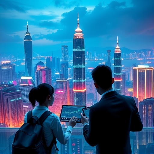 未來感十足的香港城市天際線，象徵金融科技與外匯交易的結合