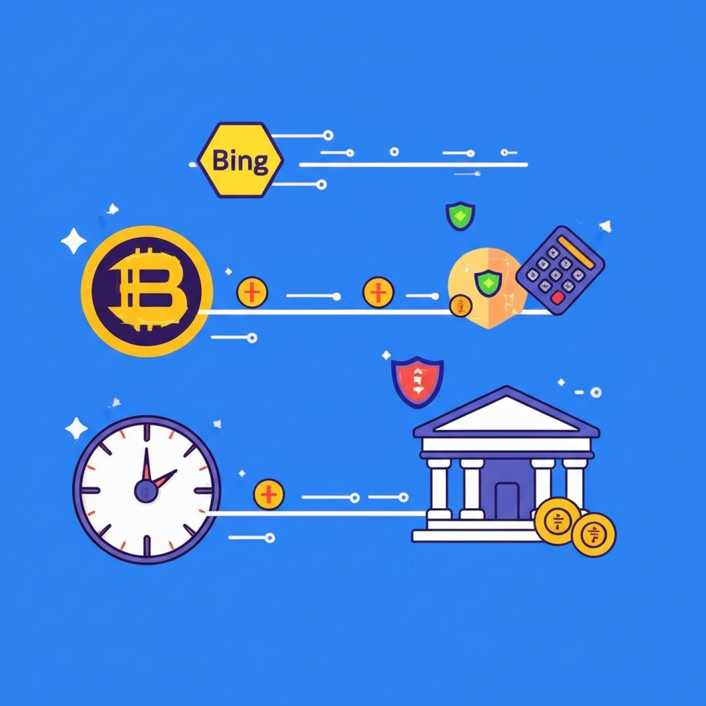 數位資產從BingX交易所安全轉入銀行帳戶示意圖，包含時間、手續費與安全防護元素