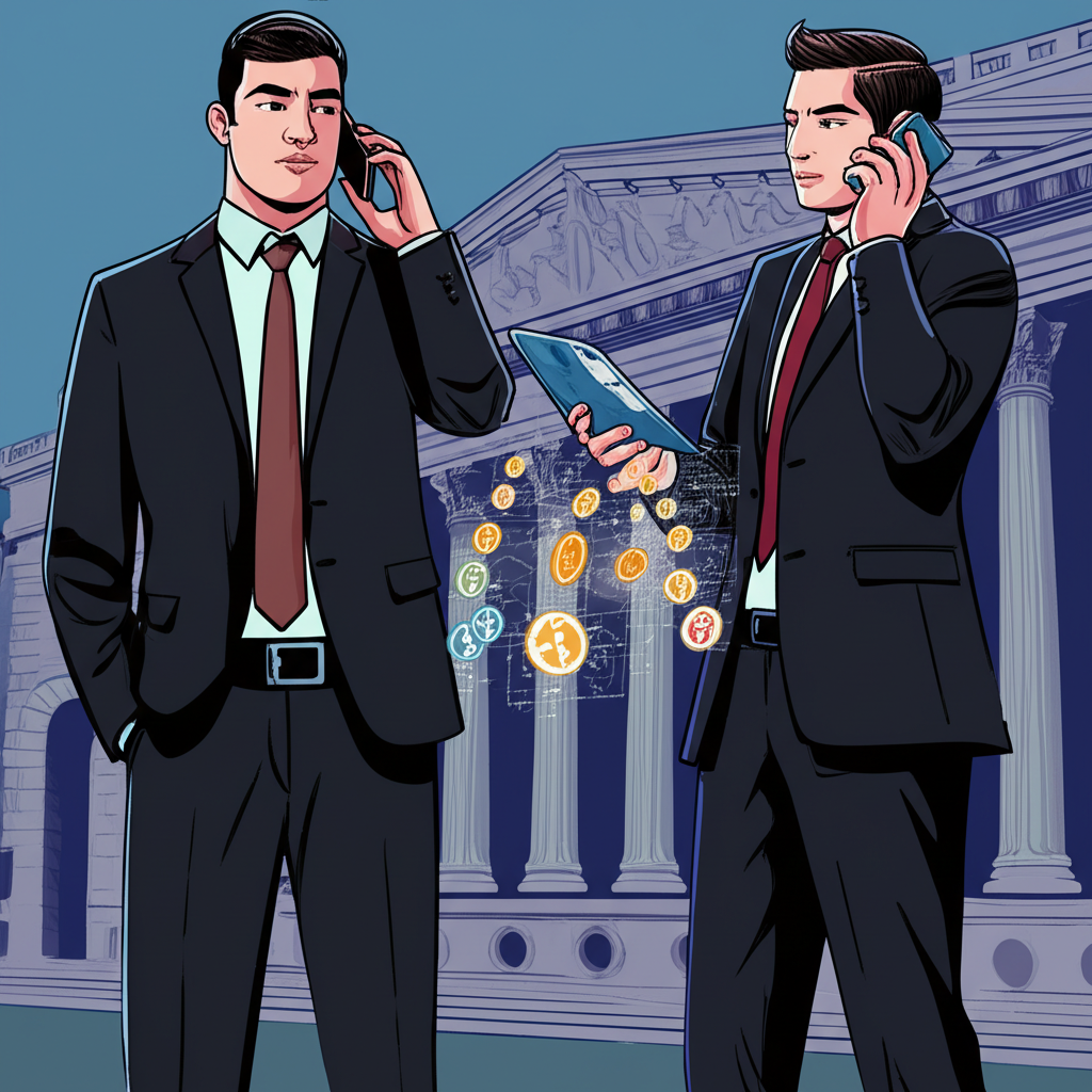 兩位穿西裝的專業人士透過電話或電腦直接進行金融交易，避開大型證券交易所建築，凸顯場外交易的特性