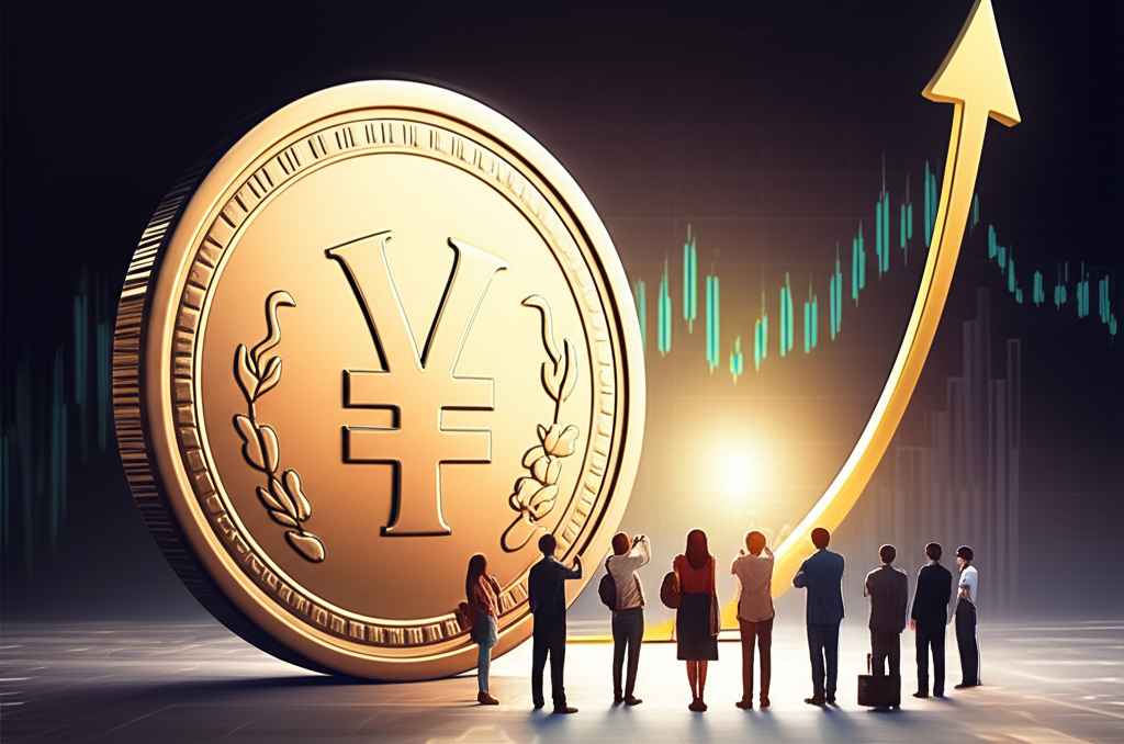 日圓升值象徵圖：一枚上升的日本圓幣，背景為全球金融市場走勢與不同群體觀望的場景，象徵其廣泛影響力
