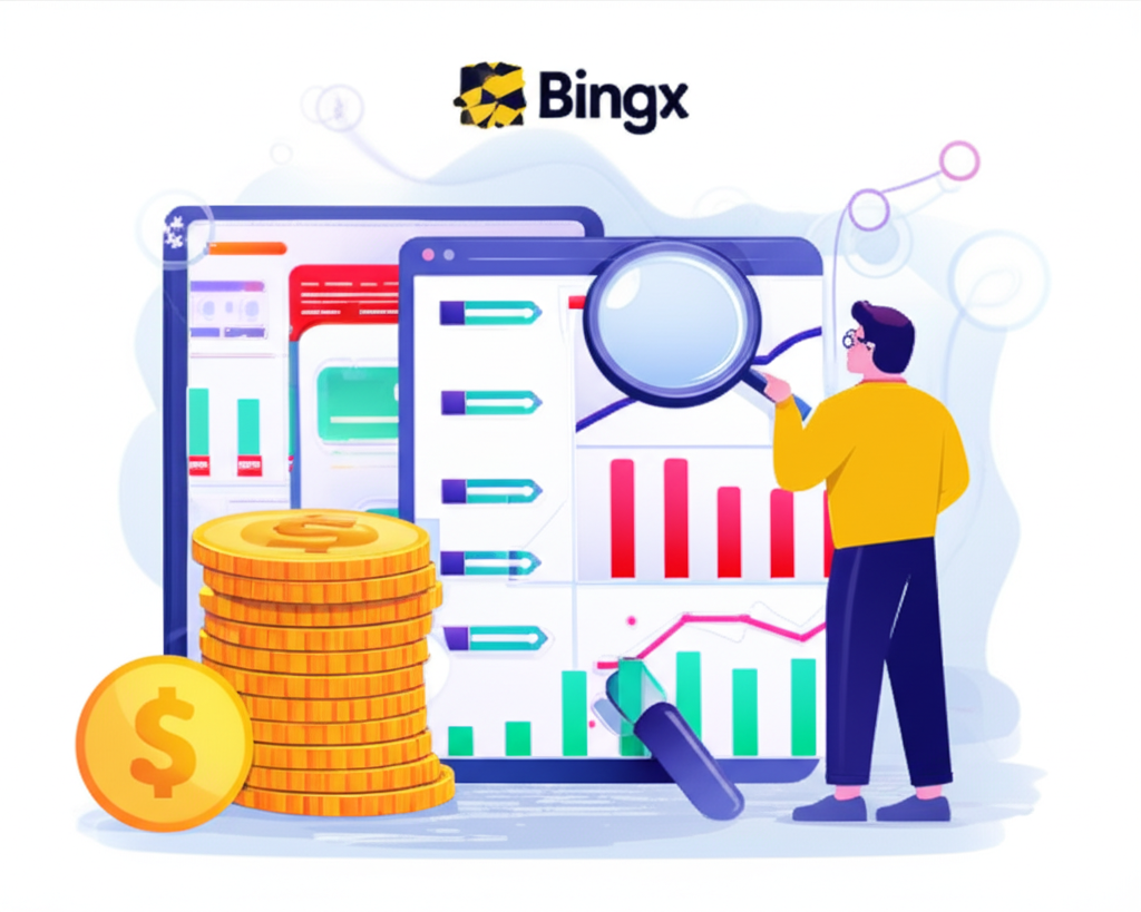 一位精明的投資者正在分析圖表，手持放大鏡檢視BingX上的交易成本節省空間