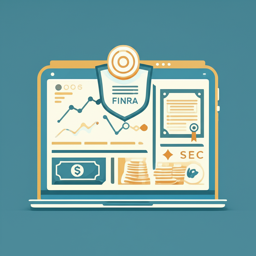 金融儀表板顯示股票、ETF、期權、債券等多元投資商品，並配有SEC與FINRA的監管盾牌圖示，強調國外券商的產品多樣性與法規保障