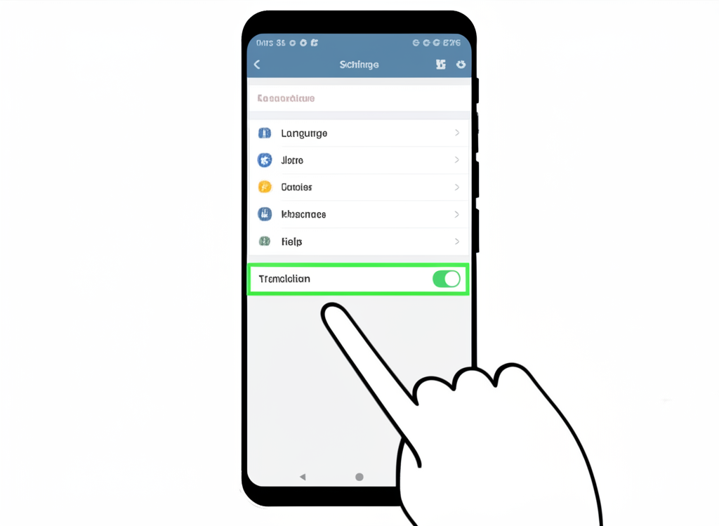 智慧型手機螢幕顯示 Telegram 設定畫面，手指正點擊語言選項與翻譯功能開關的插畫