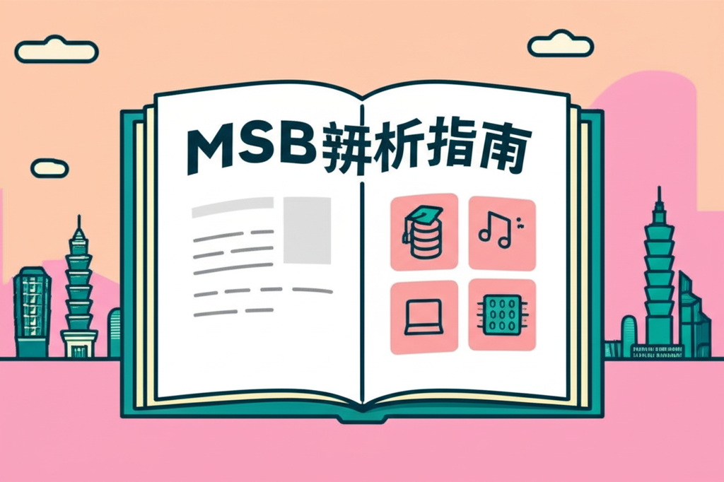 標有MSB辨析指南的書籍，內含金錢、教育、音樂與電腦圖示，背景為台灣101與香港天際線