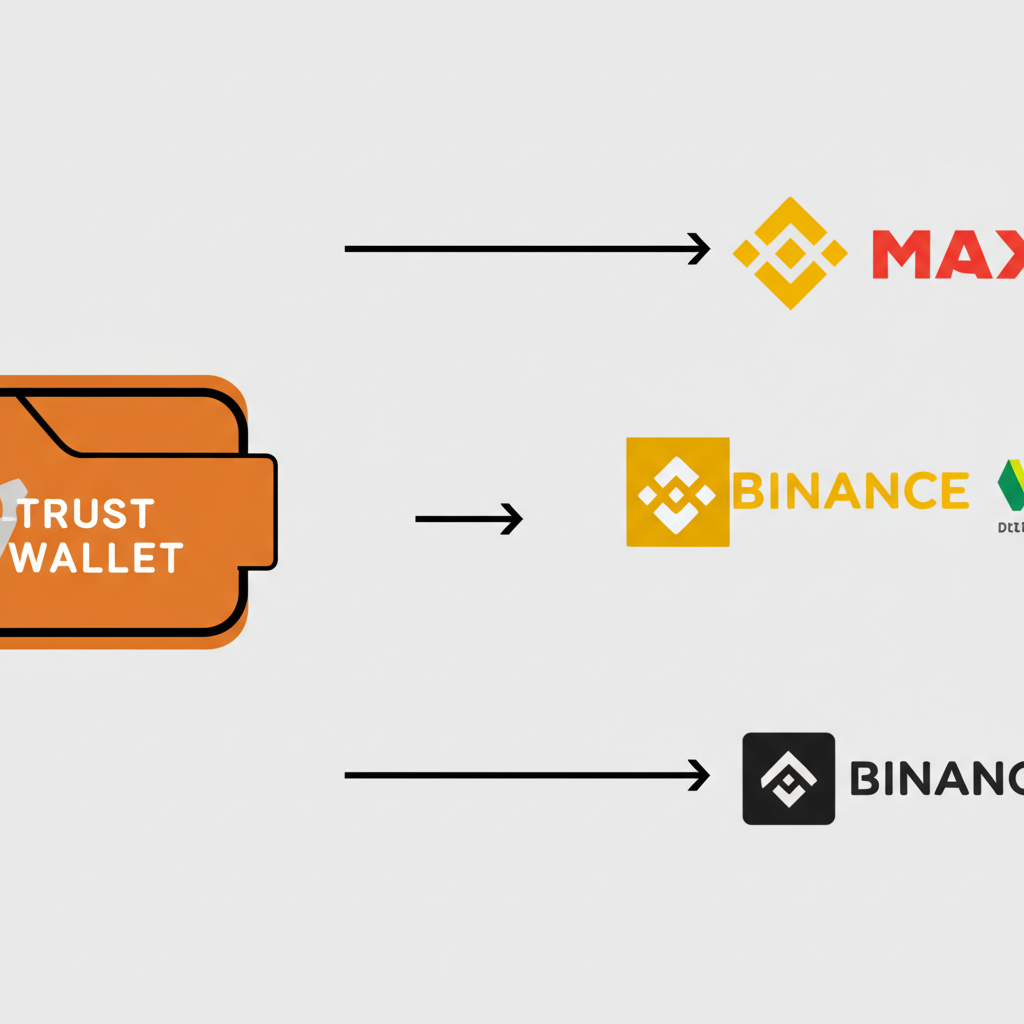 Trust Wallet 與主流交易所之間的加密貨幣轉移示意圖，展示資金流向與交易目的