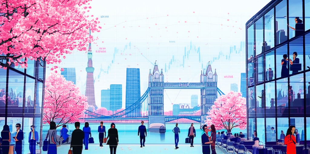 東京天際線搭配櫻花與倫敦橋，數位貨幣圖表與活躍交易員清晰可見，凸顯東京作為亞洲金融中心與倫敦作為全球外匯核心的地位